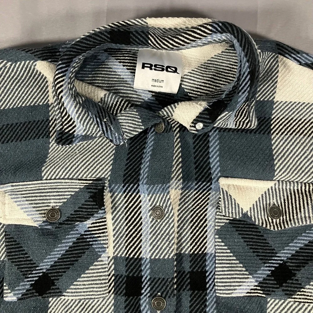 RSQ Mens Blue Black White Plaid Flannel Shirt Jacket Shacket Medium